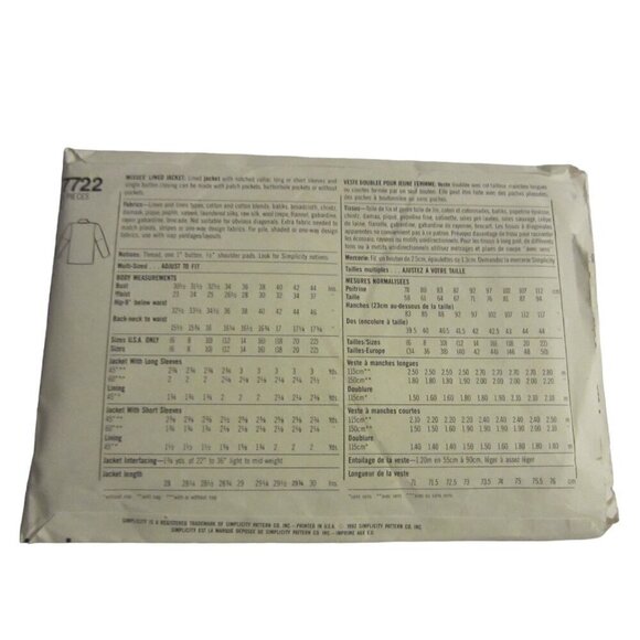 Simplicity Women Vintage Pattern7722 Jacket Y Plus Size 16-22 - Picture 4 of 4